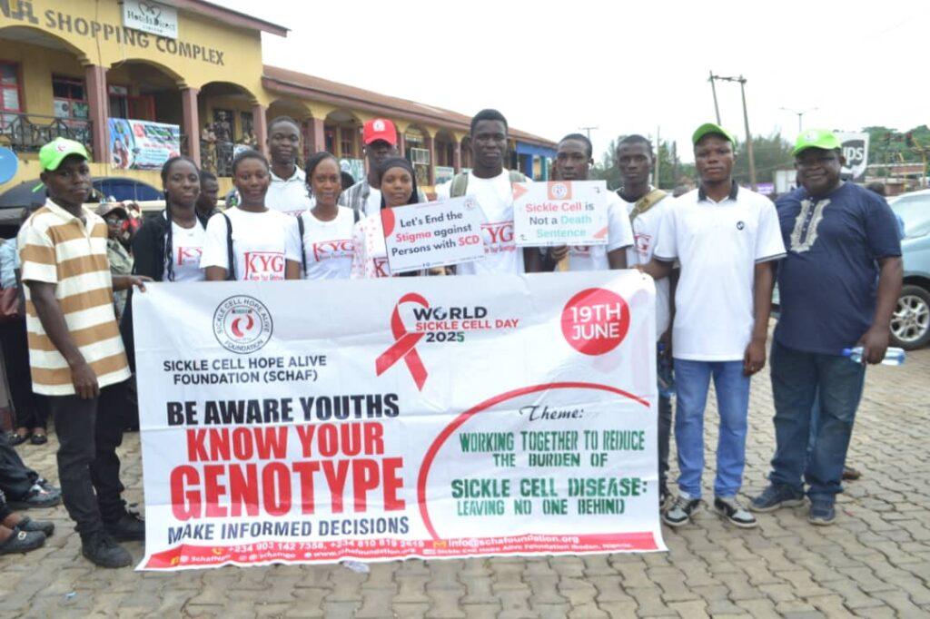 NYSC Band and SCHAF volunteers marching for World Sickle Cell Day awareness